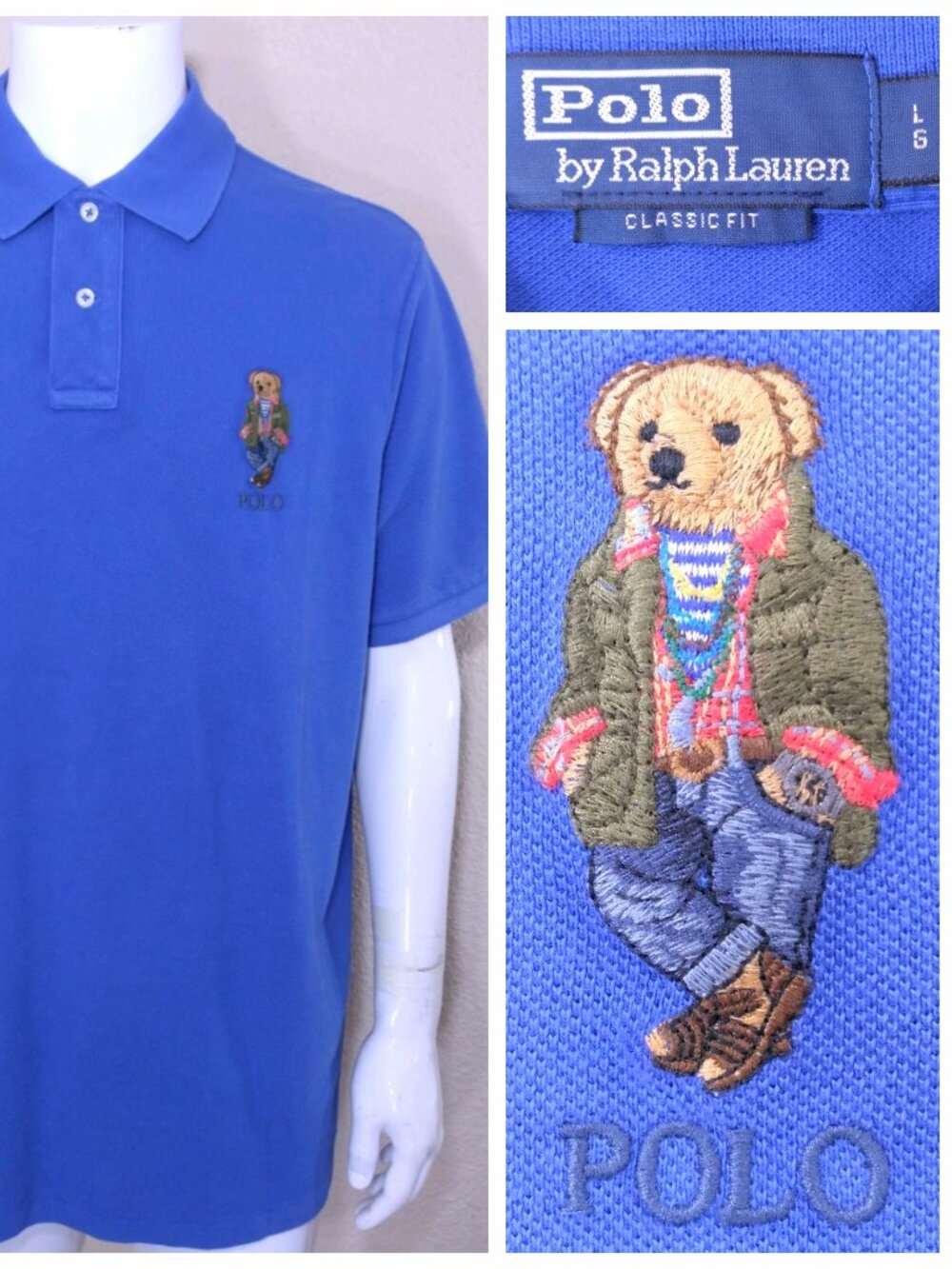 POLO RALPH LAUREN Polo Bear Shirt LARGE Blue MULTICOLOR Preppy Mens GOLF Size L